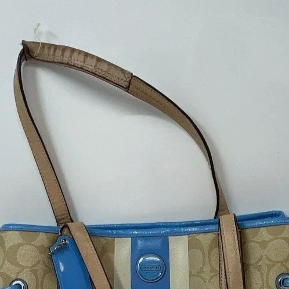 Coach Leather Signature Blue Stripe Carryall Tote Bag - Picture 8 of 8